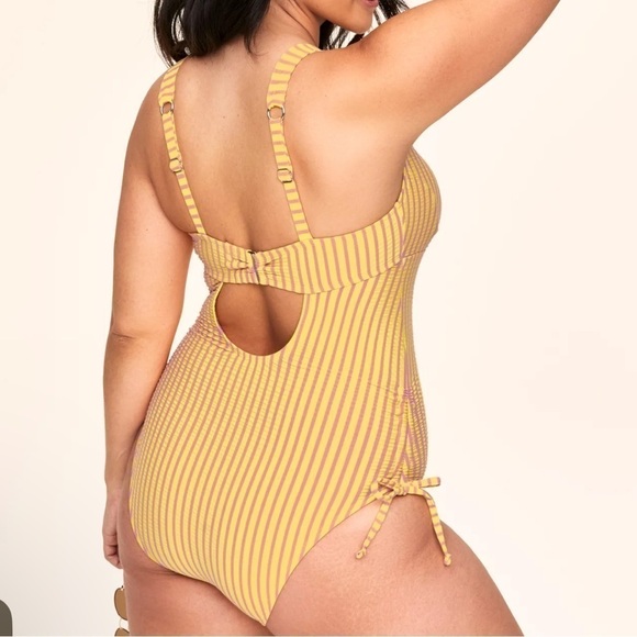 Adore Me Natasha Swimsuit Yellow Pink Tank Stripes Conch - Picture 3 of 7